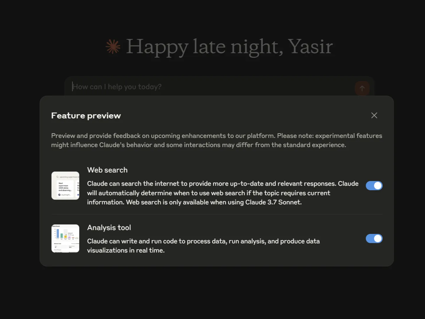 Giao diện cài đặt Claude AI với công cụ phân tích dữ liệu (Analysis Tool) được kích hoạt trong phần Feature Preview.