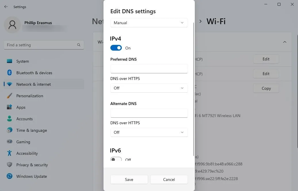 Giao diện cài đặt DNS trong hệ điều hành để kích hoạt DNS qua HTTPS (DoH)