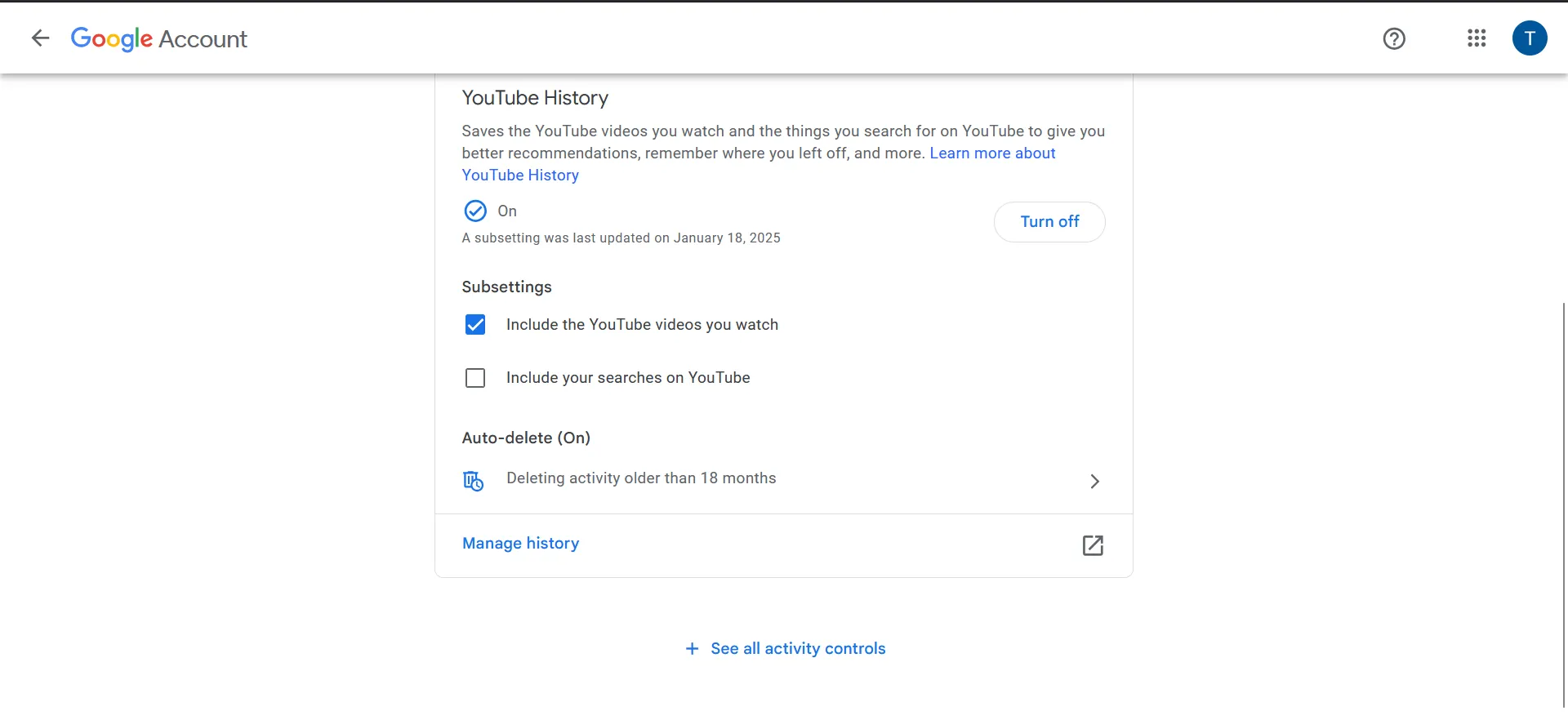 Giao diện cài đặt kiểm soát lịch sử xem và tìm kiếm YouTube, giúp tùy chỉnh đề xuất