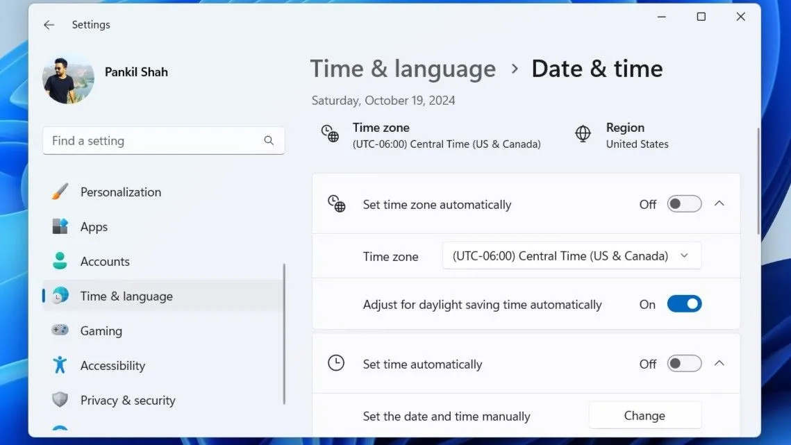 Giao diện cài đặt Ngày & Giờ trong ứng dụng Settings của Windows 11