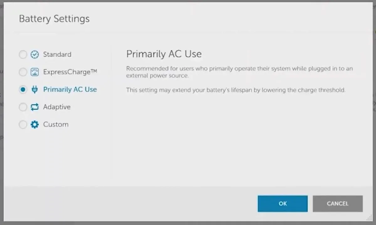 Giao diện cài đặt pin trong ứng dụng Dell Power Manager, với tùy chọn &quot;Chỉ sử dụng AC&quot; (Primarily AC Use) để giới hạn sạc.