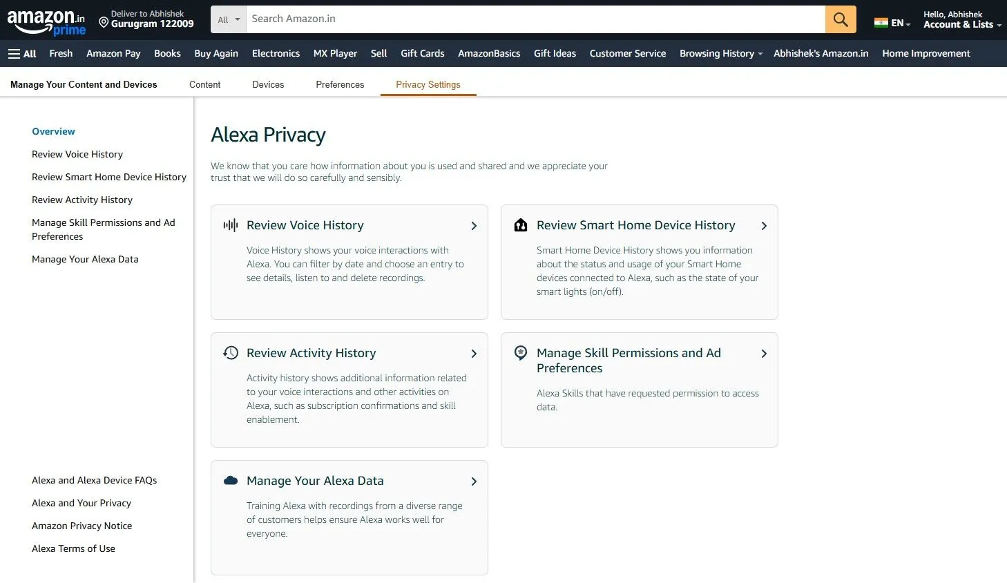 Giao diện cài đặt quyền riêng tư của Alexa trên website Amazon.com