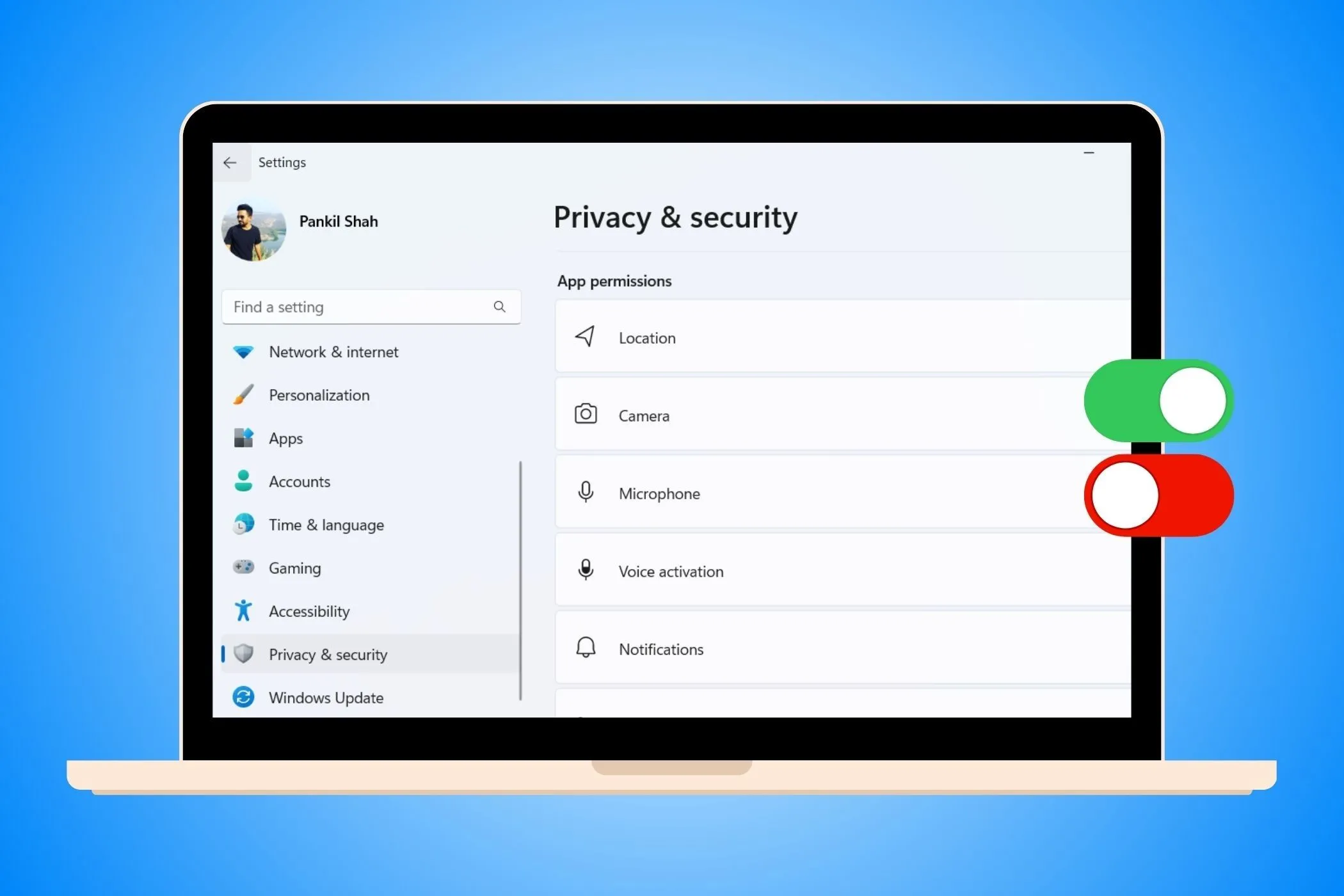 Giao diện cài đặt quyền riêng tư và bảo mật trên ứng dụng Cài đặt Windows, thể hiện các tùy chọn kiểm soát dữ liệu người dùng.