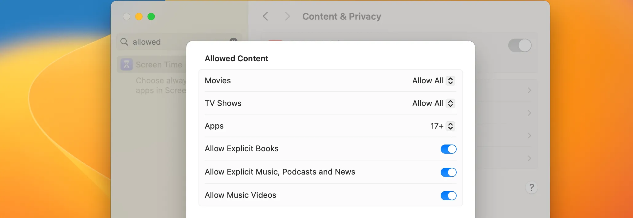 Giao diện cài đặt Screen Time trên Mac, hiển thị tùy chọn tắt &quot;Allow Explicit Music, Podcasts and News&quot; để chặn nhạc nhạy cảm.