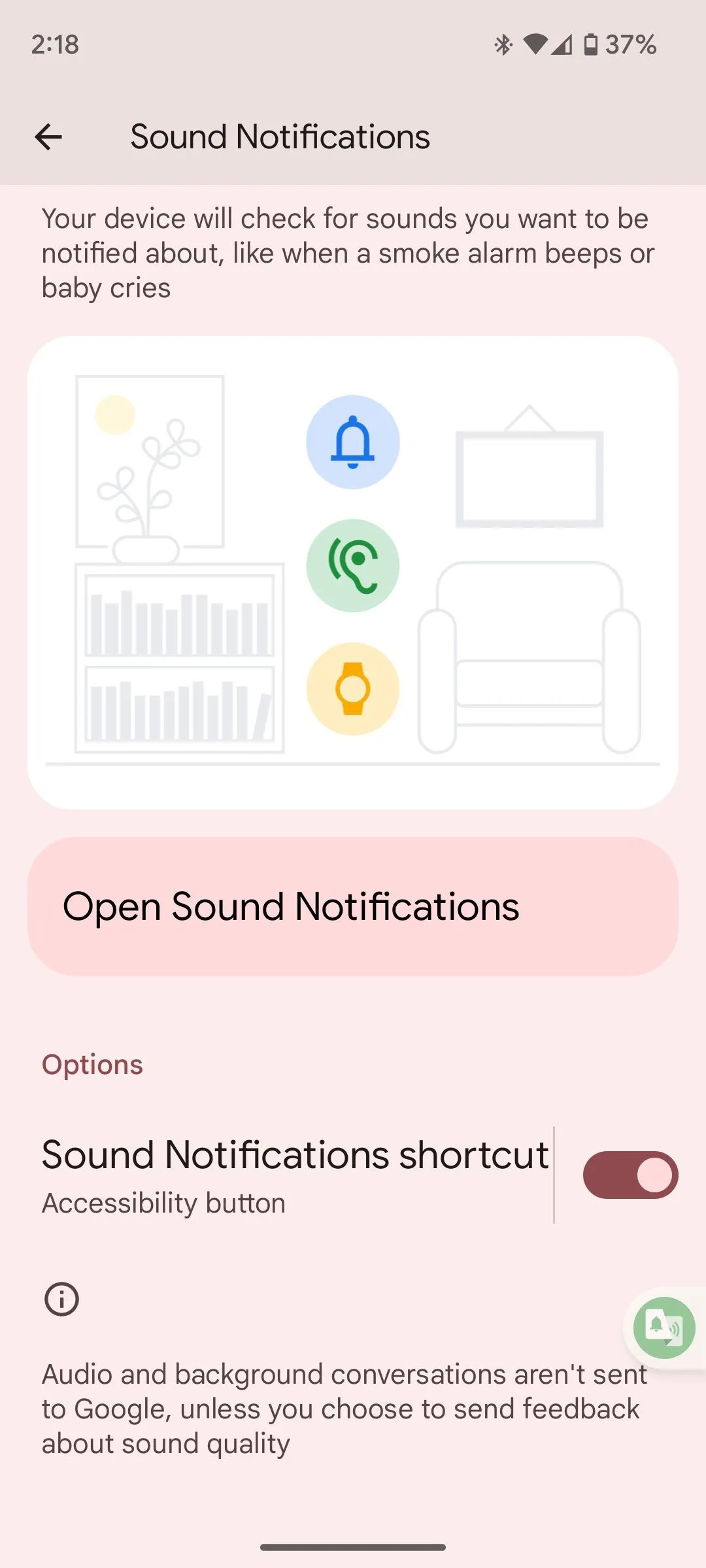 Giao diện cài đặt &quot;Thông báo âm thanh&quot; trên điện thoại Android, hiển thị nút bật/tắt tính năng phát hiện âm thanh khẩn cấp.
