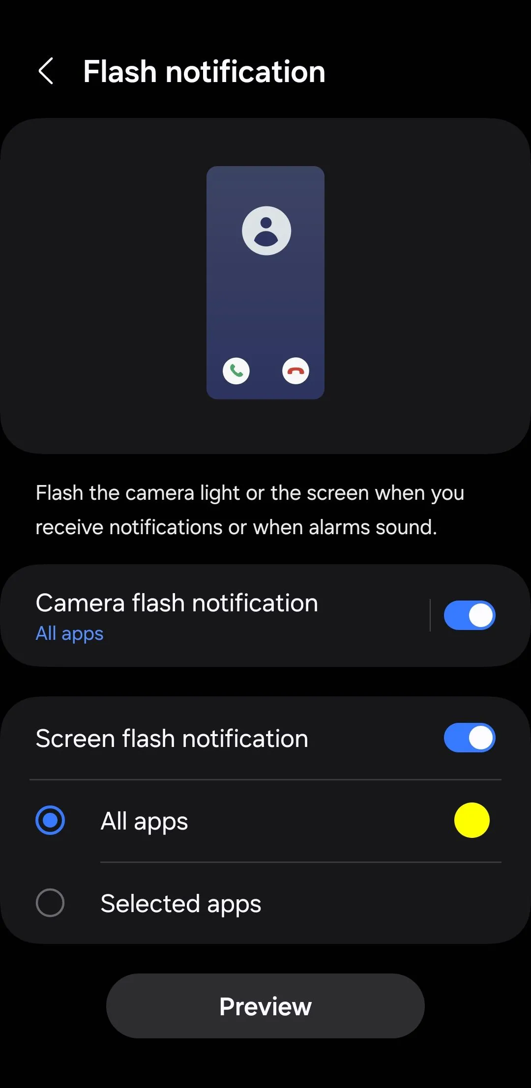 Giao diện cài đặt thông báo đèn flash trên Android, cho phép bật đèn flash camera khi có thông báo.