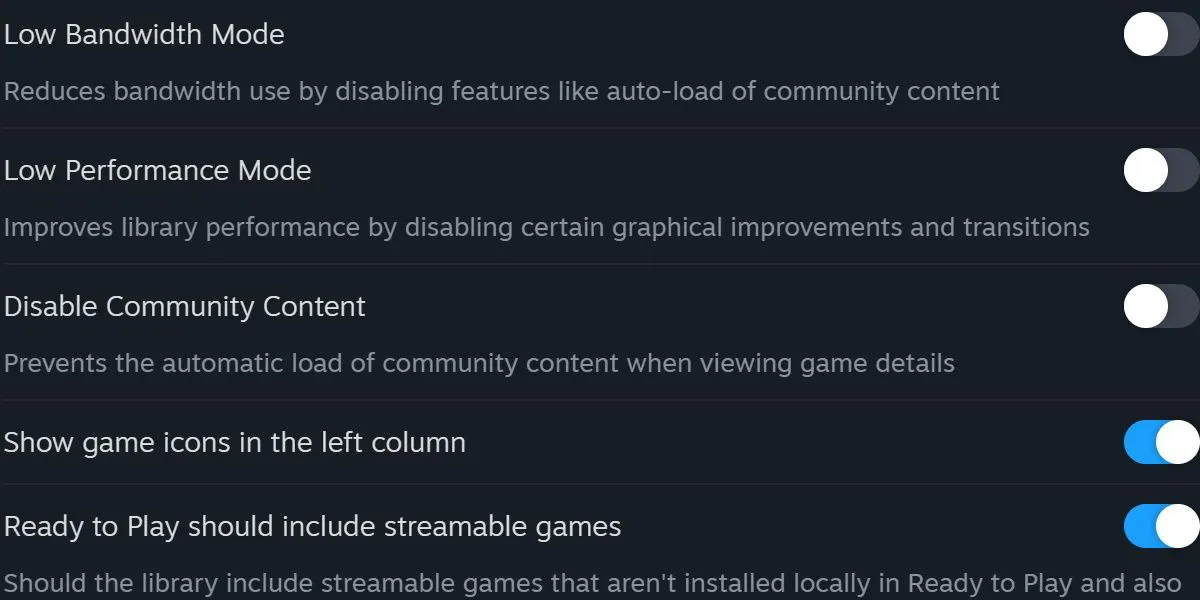 Giao diện cài đặt thư viện Steam với tùy chọn &quot;Low Performance Mode&quot; (Chế độ hiệu suất thấp) được bật, giúp giảm tải RAM cho Steam.