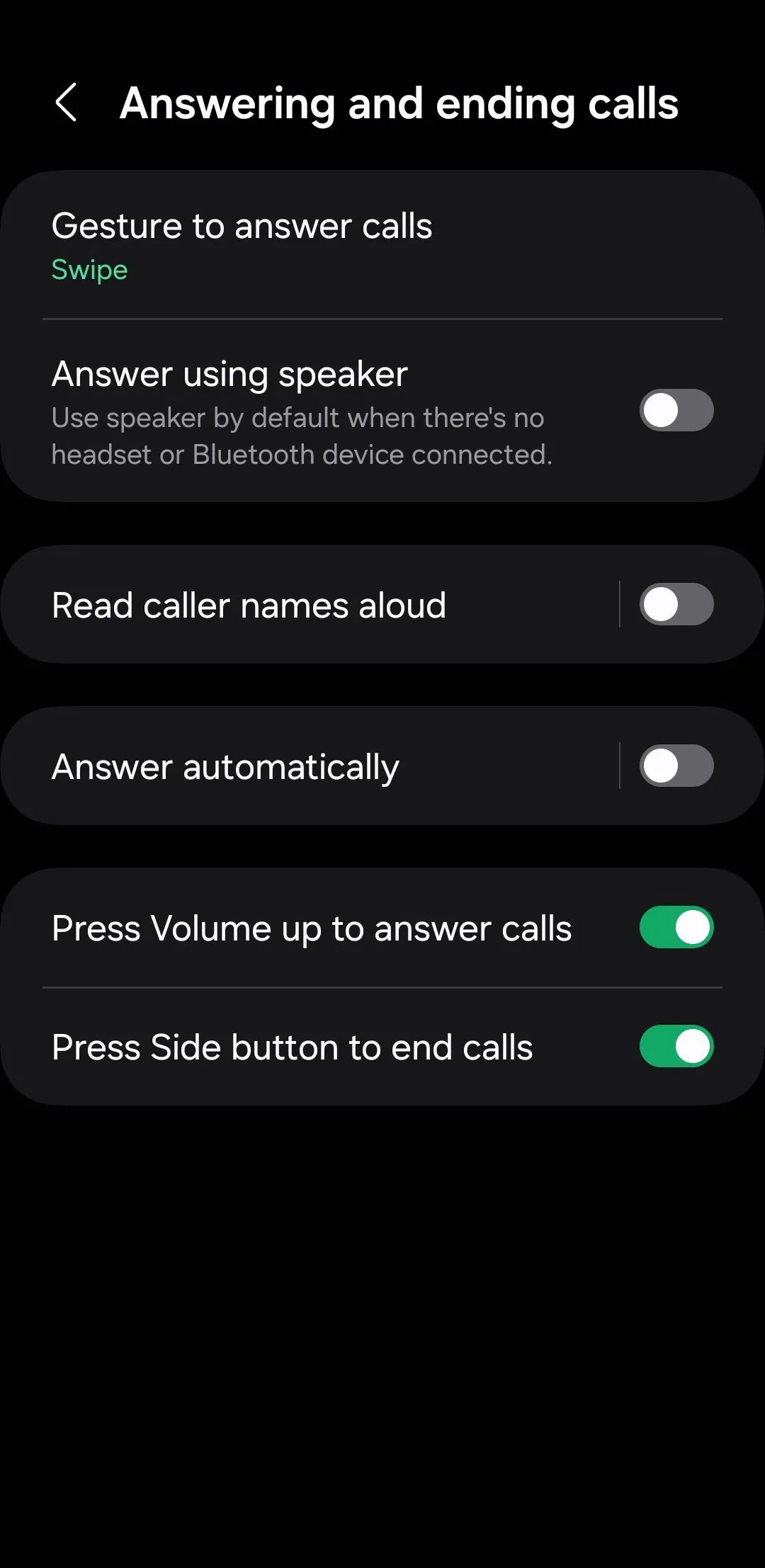 Giao diện cài đặt trả lời và kết thúc cuộc gọi bằng nút vật lý trên Android.