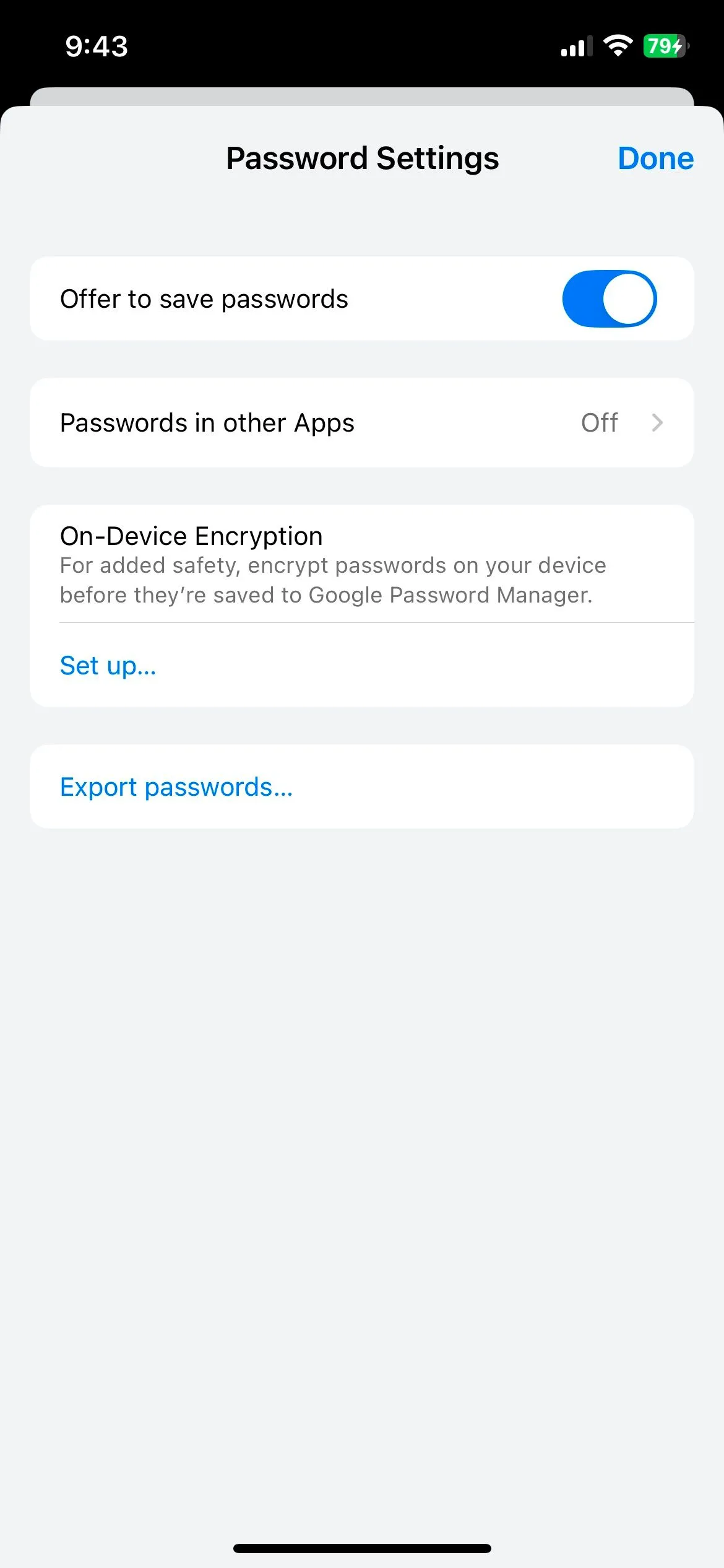 Giao diện cài đặt Trình quản lý mật khẩu Chrome trên iOS hiển thị các tùy chọn quản lý password đã lưu