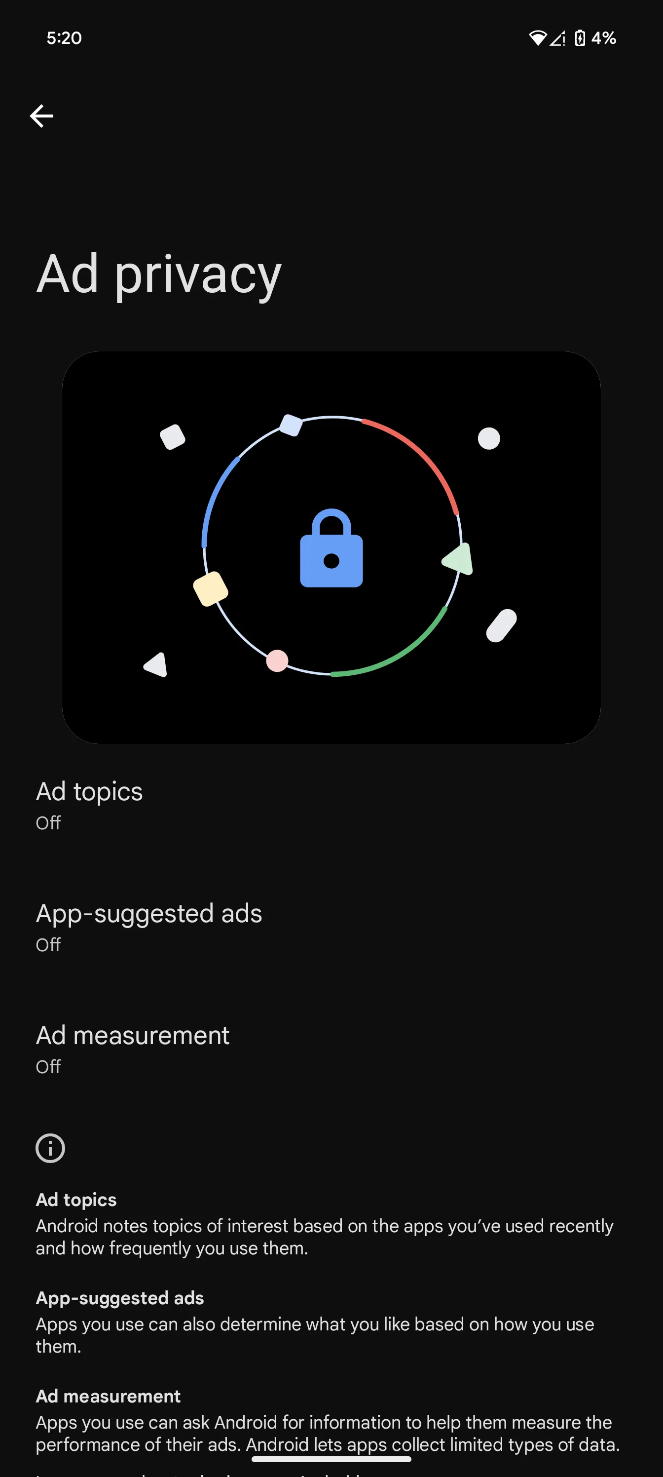 Giao diện cài đặt tùy chọn quảng cáo cá nhân hóa trên thiết bị Android