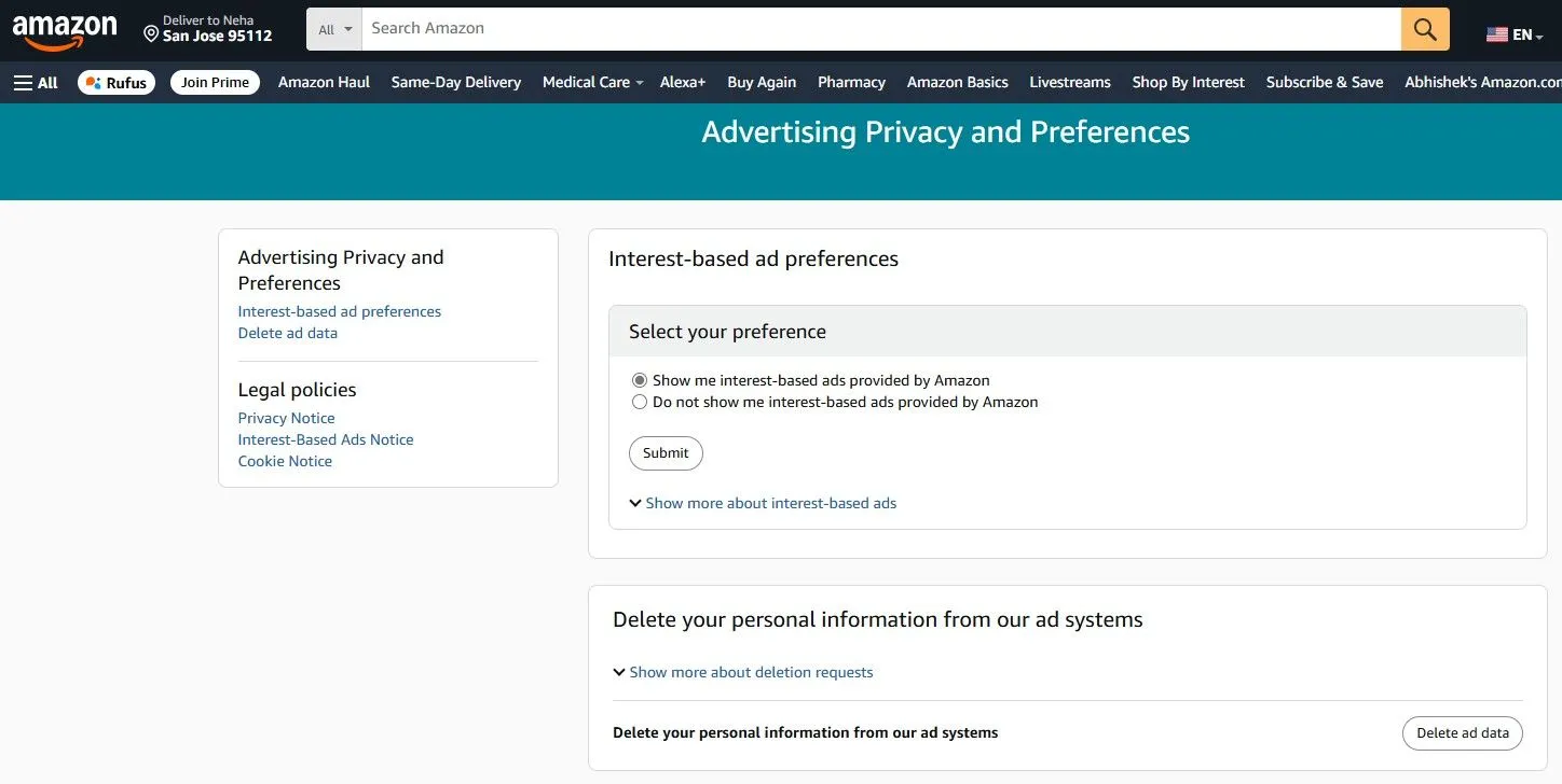 Giao diện cài đặt tùy chọn quảng cáo cá nhân hóa trên website Amazon