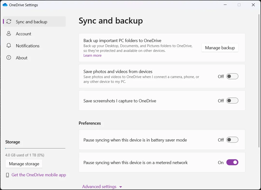 Giao diện cài đặt ứng dụng lưu trữ đám mây OneDrive trên Windows 11