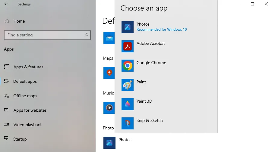 Giao diện cài đặt ứng dụng mặc định dễ sử dụng trên Windows 10