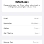 Giao diện cài đặt ứng dụng mặc định trên iPhone, cho phép thay đổi ứng dụng email, trình duyệt, v.v.