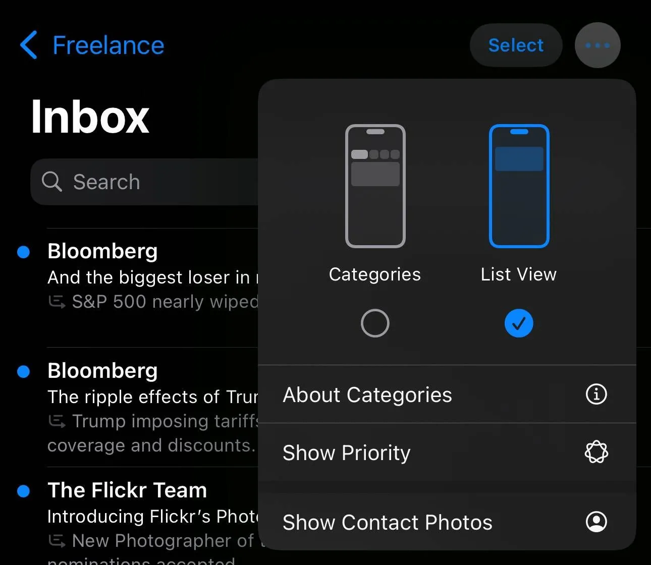 Giao diện cài đặt ứng dụng Mail trên iOS 18.5 beta 1 hiển thị các tùy chọn như &quot;Hiển thị ảnh liên hệ&quot;, &quot;Ưu tiên&quot; và nhiều tính năng khác.