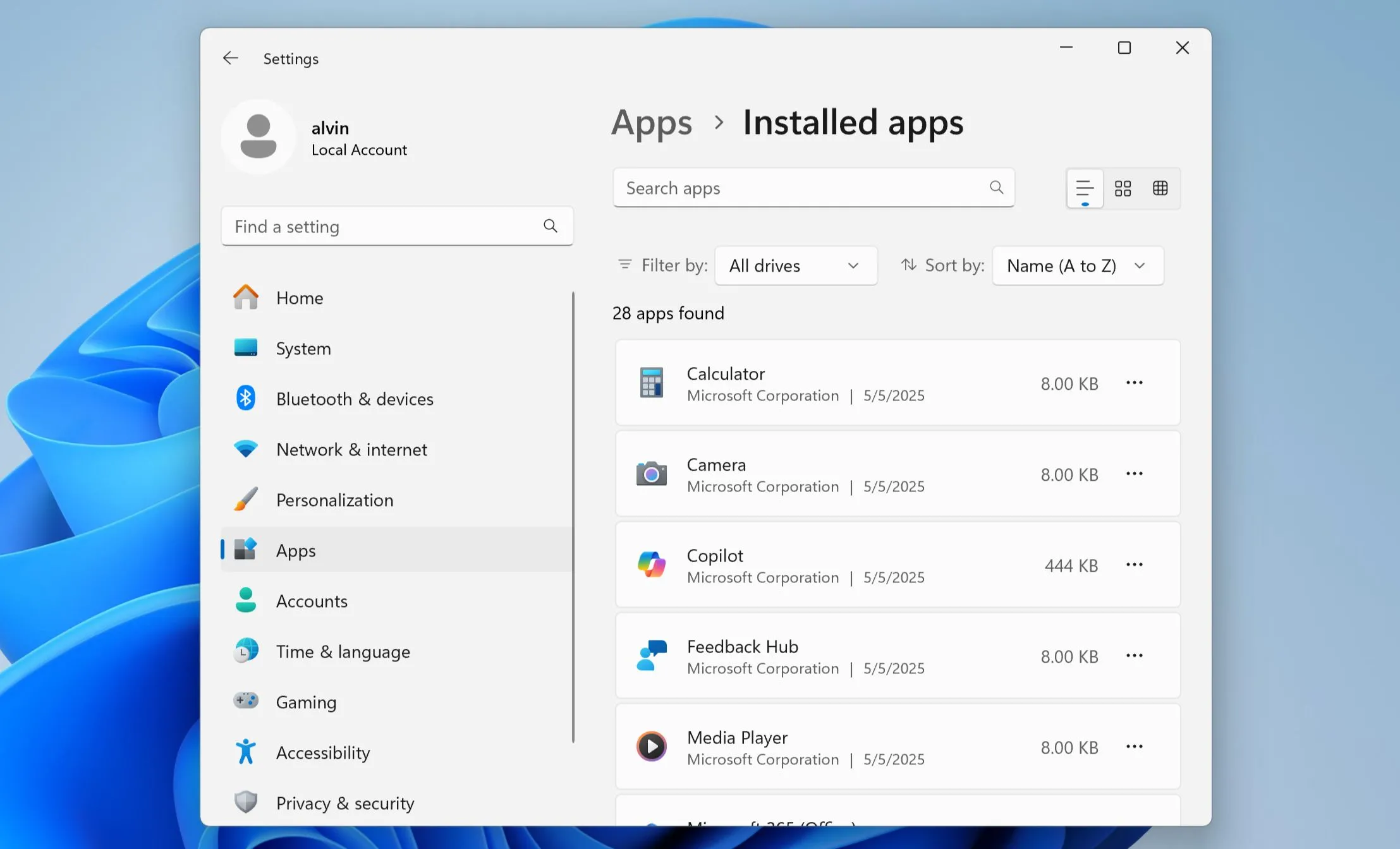 Giao diện cài đặt Windows 11 liệt kê danh sách các ứng dụng đã cài đặt