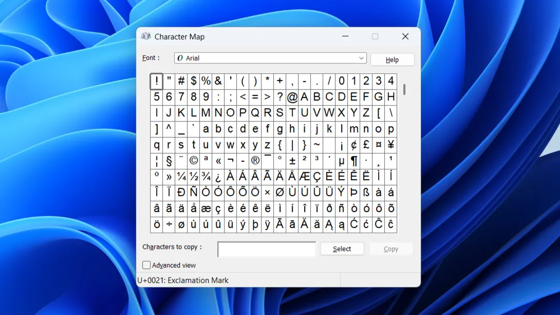 Giao diện Character Map trên Windows 11 hiển thị các ký tự đặc biệt