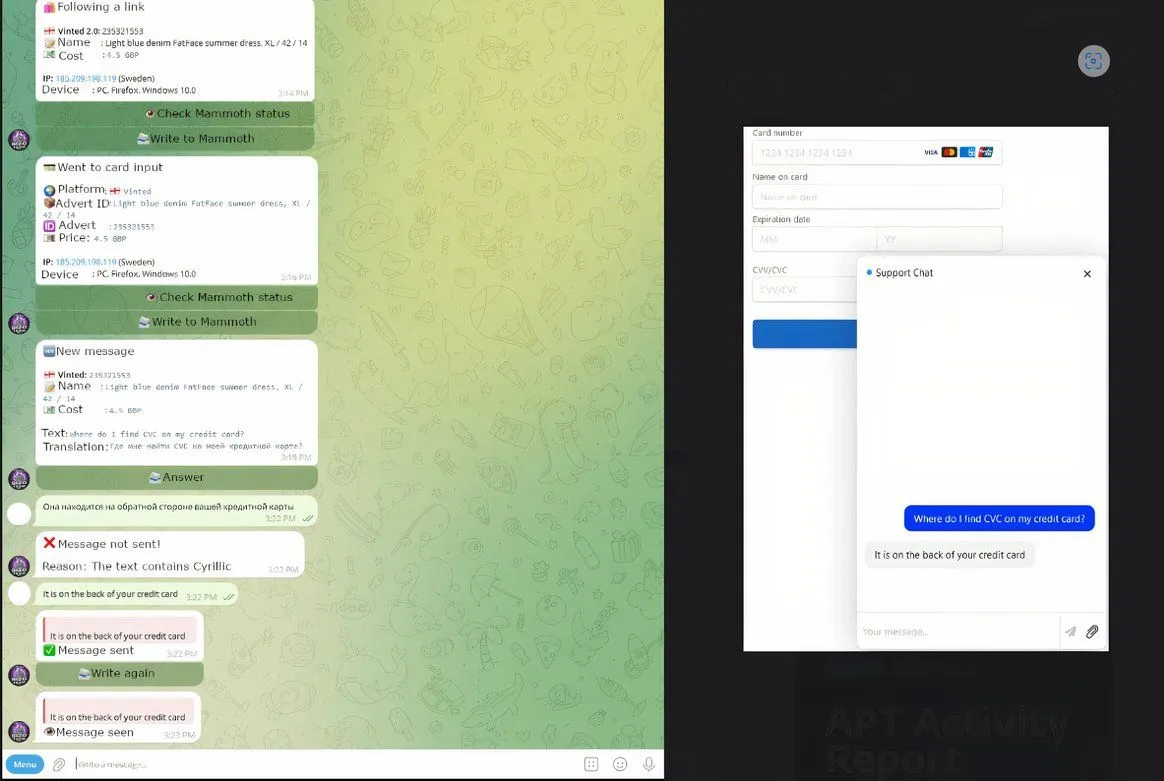 Giao diện chatbot lừa đảo Telekopye mô phỏng tin nhắn nạn nhân và cửa sổ tin nhắn của kẻ tấn công có dịch tự động