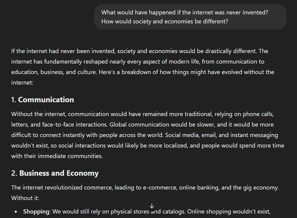 Giao diện ChatGPT hiển thị câu hỏi và phản hồi về tác động của việc không có internet.