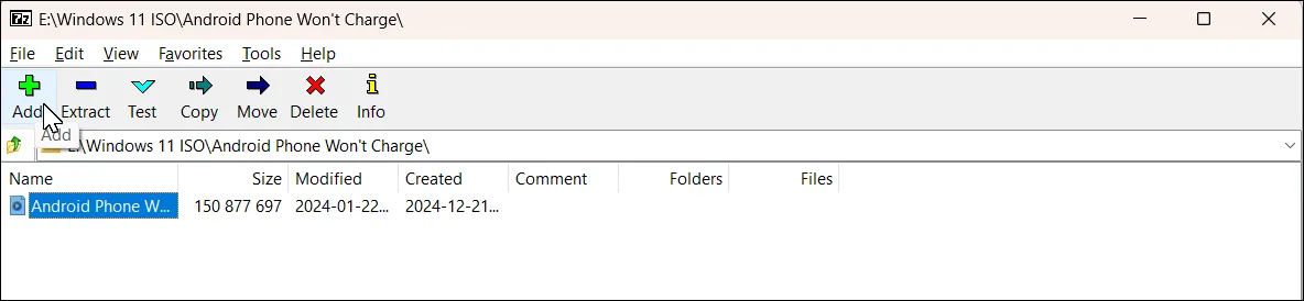 Giao diện chính 7-Zip trên Windows 11 với nút Thêm file vào kho lưu trữ