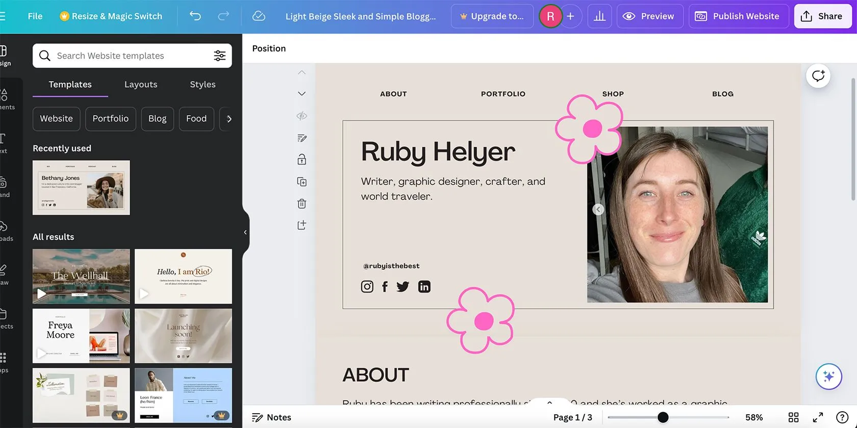 Giao diện chính của công cụ tạo website Canva, cho thấy các tùy chọn thiết kế và quản lý trang.