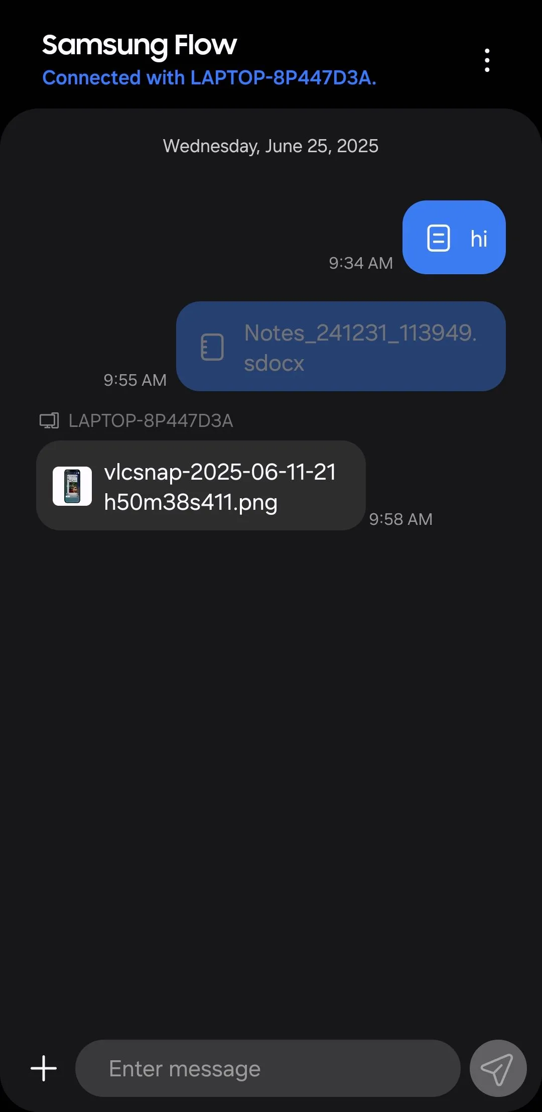Giao diện chính của ứng dụng Samsung Flow trên điện thoại Galaxy, sẵn sàng để chia sẻ file và dữ liệu.
