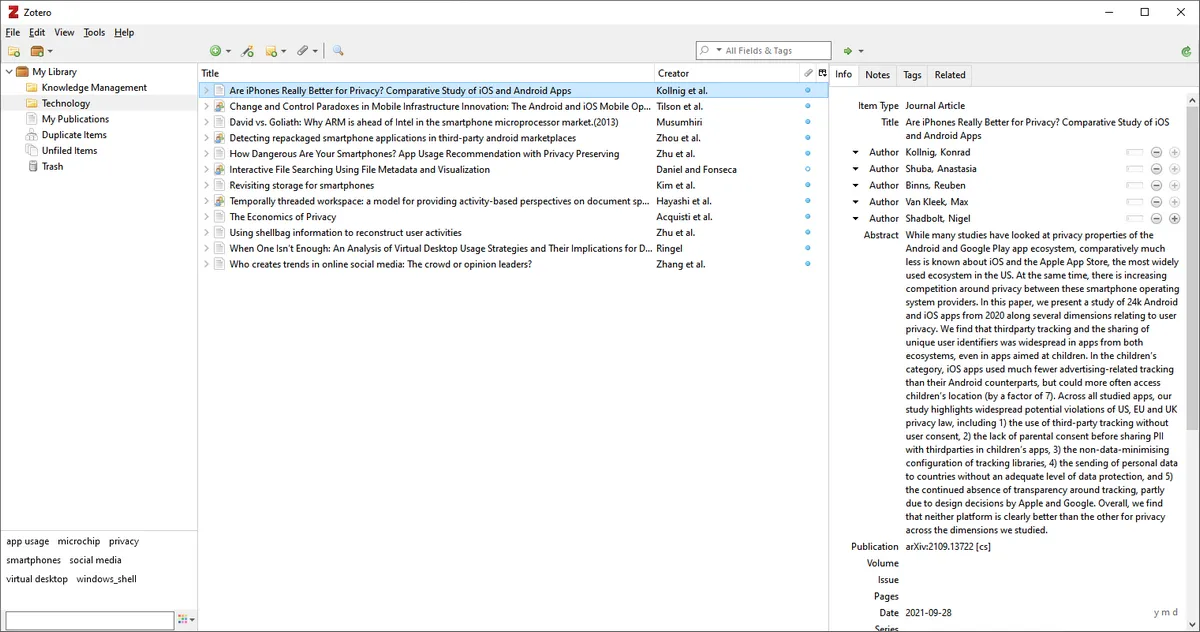 Giao diện chính của Zotero hiển thị danh sách các tài liệu tham khảo và trích dẫn đã được tổ chức, minh họa khả năng quản lý nghiên cứu hiệu quả.