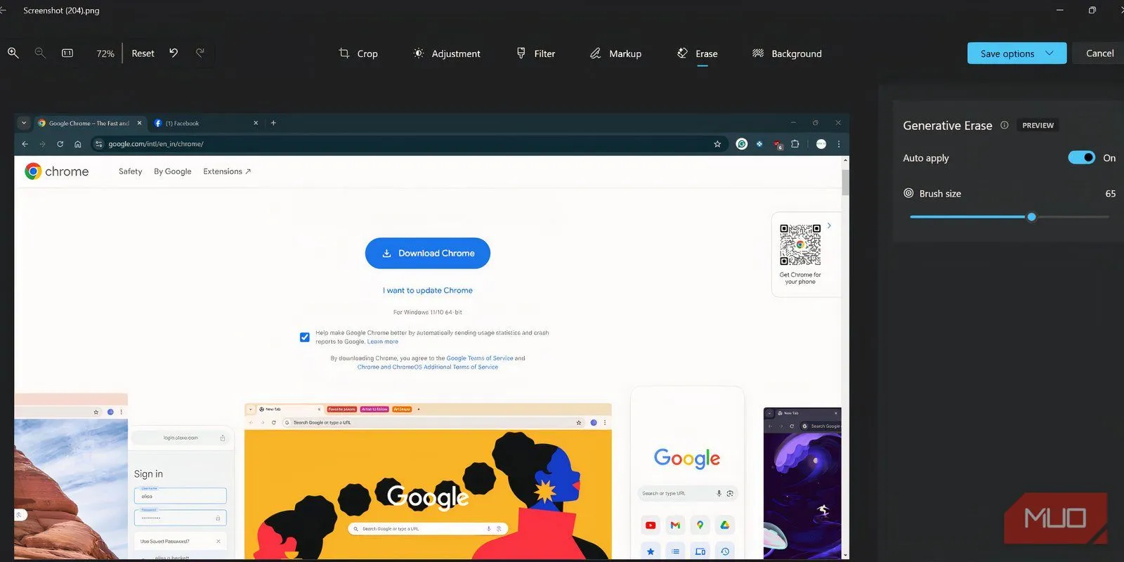 Giao diện chỉnh sửa ảnh trong ứng dụng Microsoft Photos với tính năng Generative Erase được chọn, hiển thị cọ vẽ và thanh trượt điều chỉnh kích thước.