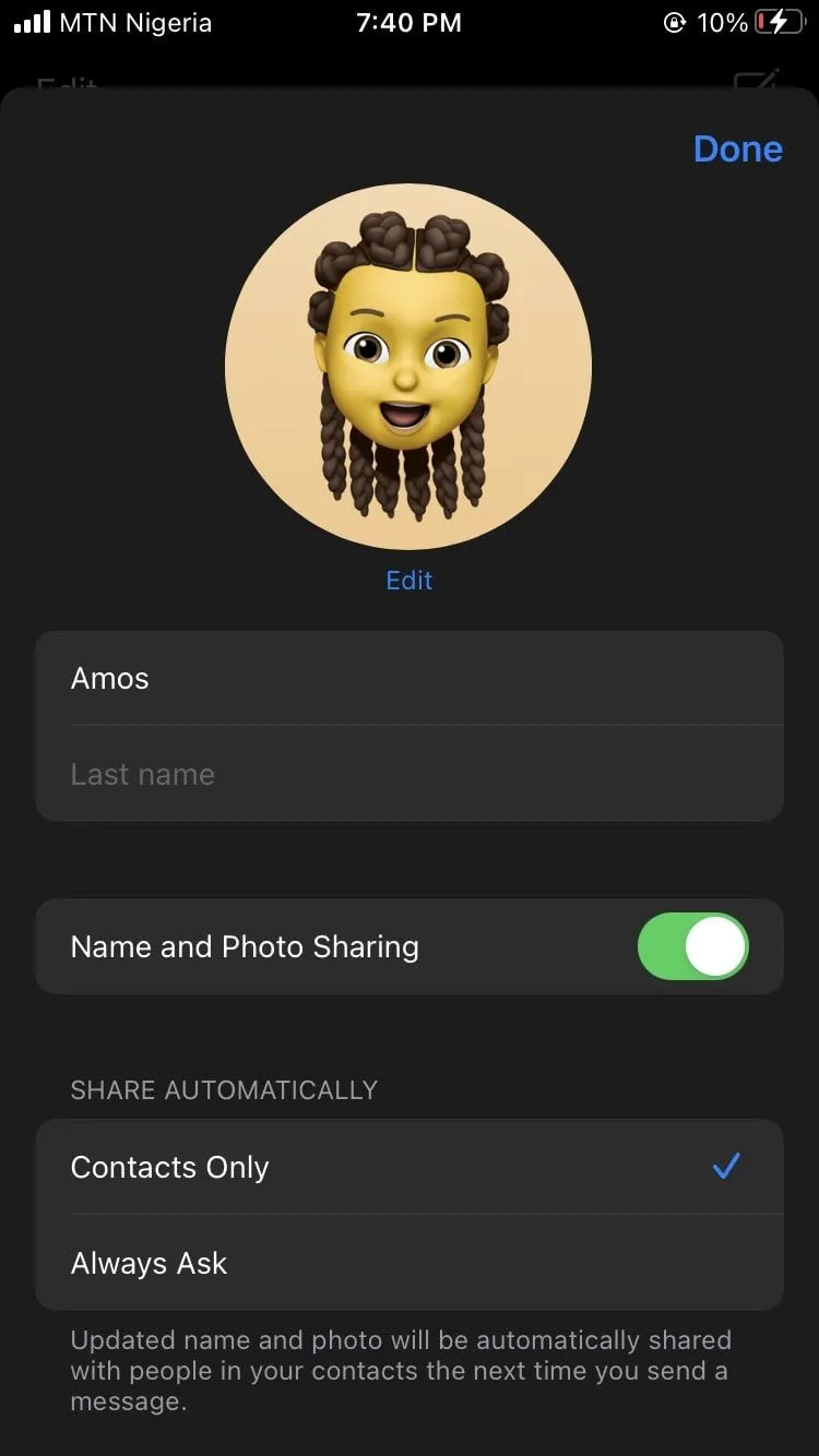 Giao diện chỉnh sửa chi tiết iMessage trên iPhone, minh họa thiếu tính năng theo dõi khuôn mặt