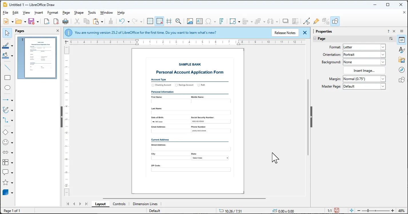 Giao diện chỉnh sửa PDF của LibreOffice Draw, hiển thị công cụ chỉnh sửa văn bản và hình ảnh.