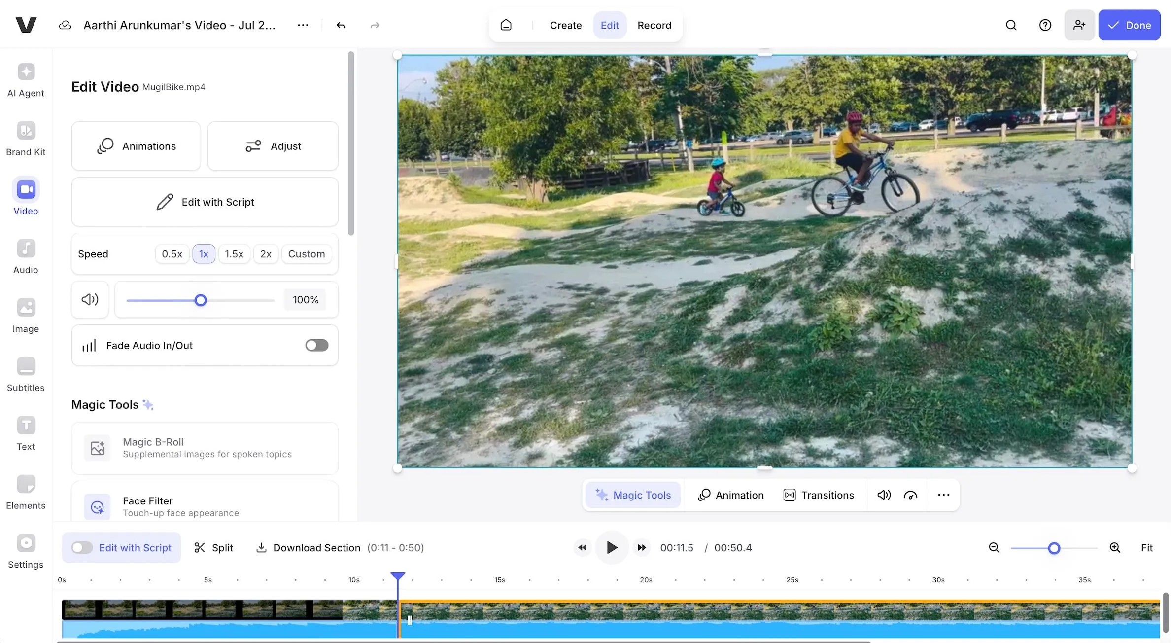 Giao diện chỉnh sửa và tạo video bằng AI trực tuyến trên Veed.io, hiển thị các công cụ và timeline.