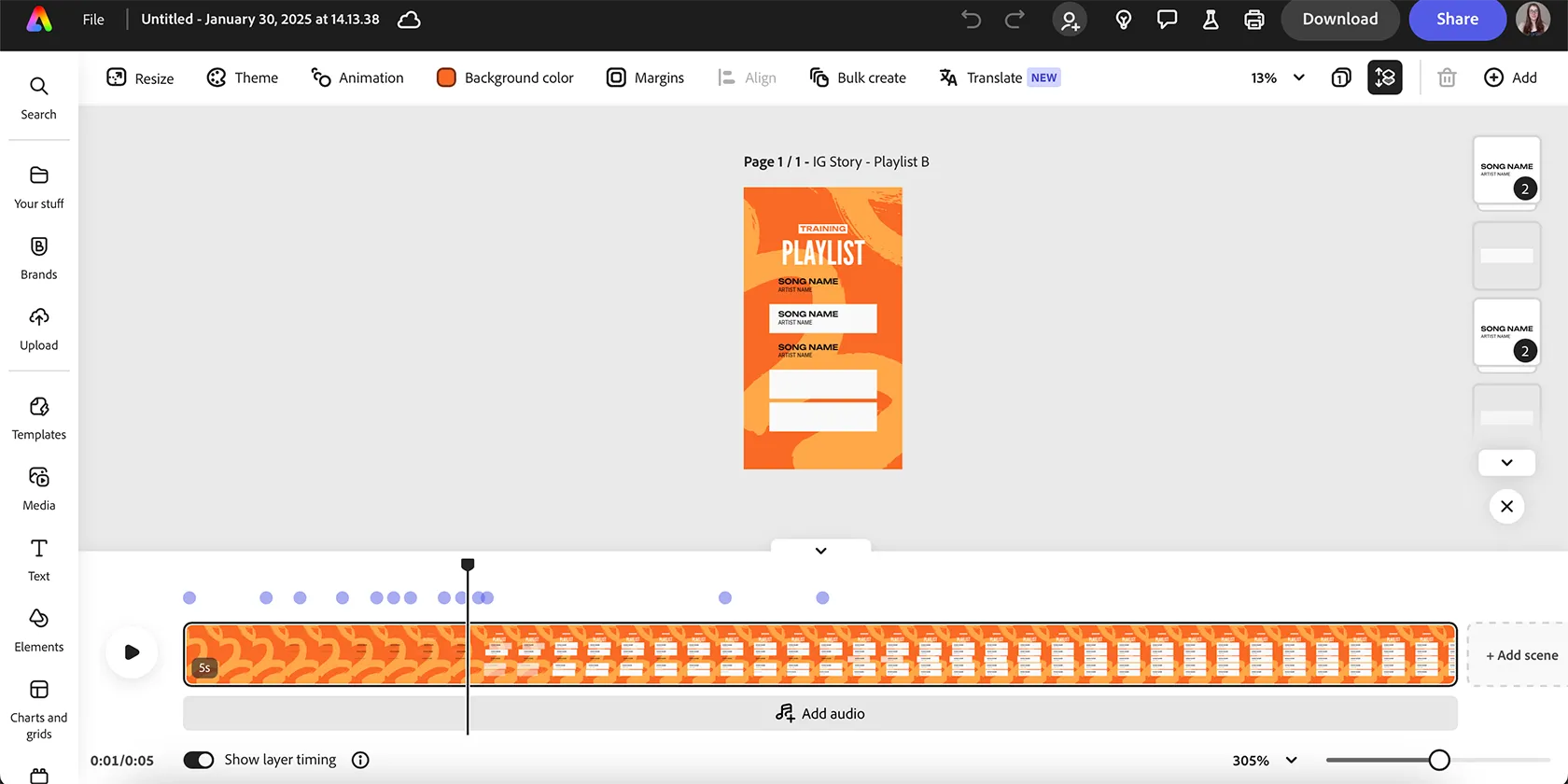 Giao diện chỉnh sửa video của Adobe Express với timeline, tích hợp các công cụ chỉnh sửa cơ bản.