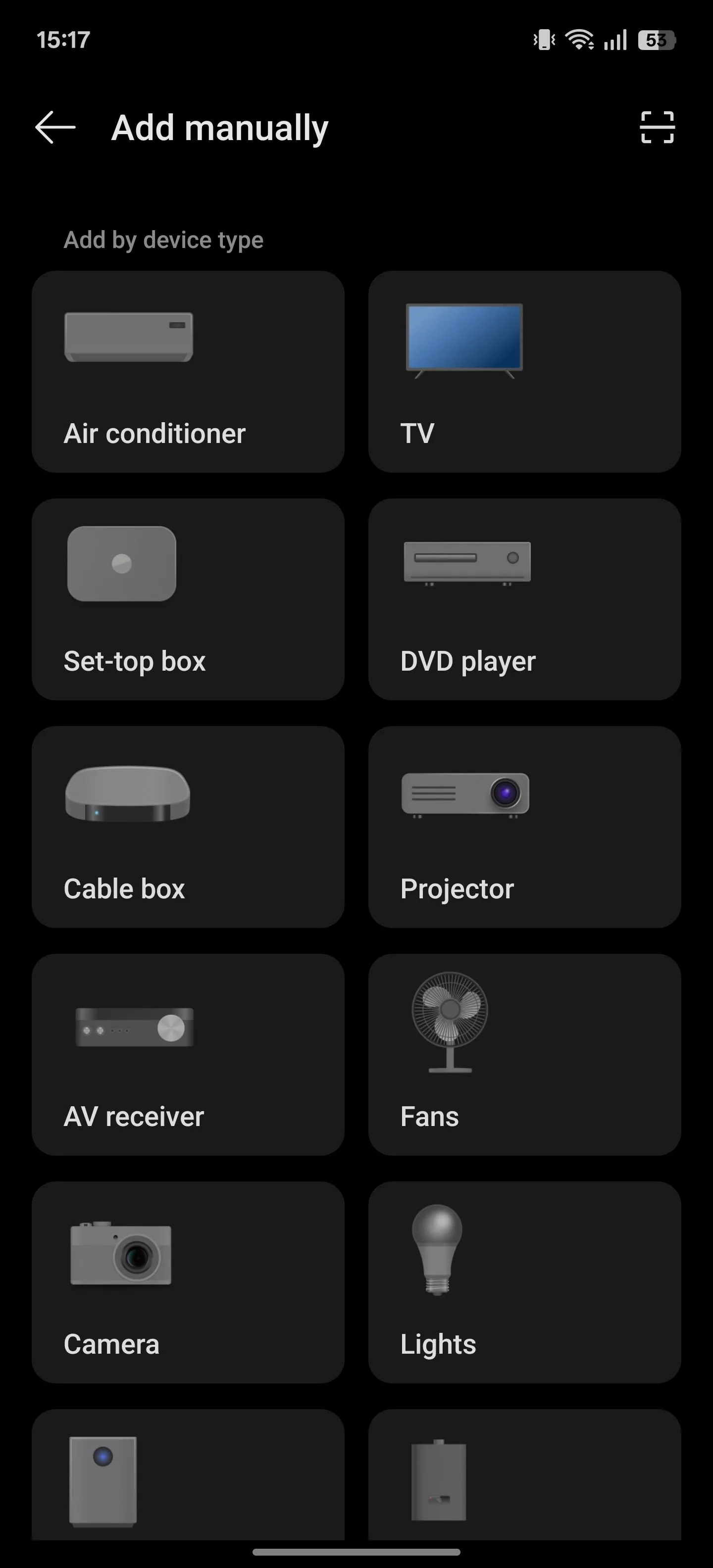 Giao diện chọn loại thiết bị trong ứng dụng IR Remote trên OnePlus, hiển thị các tùy chọn như TV, đầu đĩa DVD, máy điều hòa