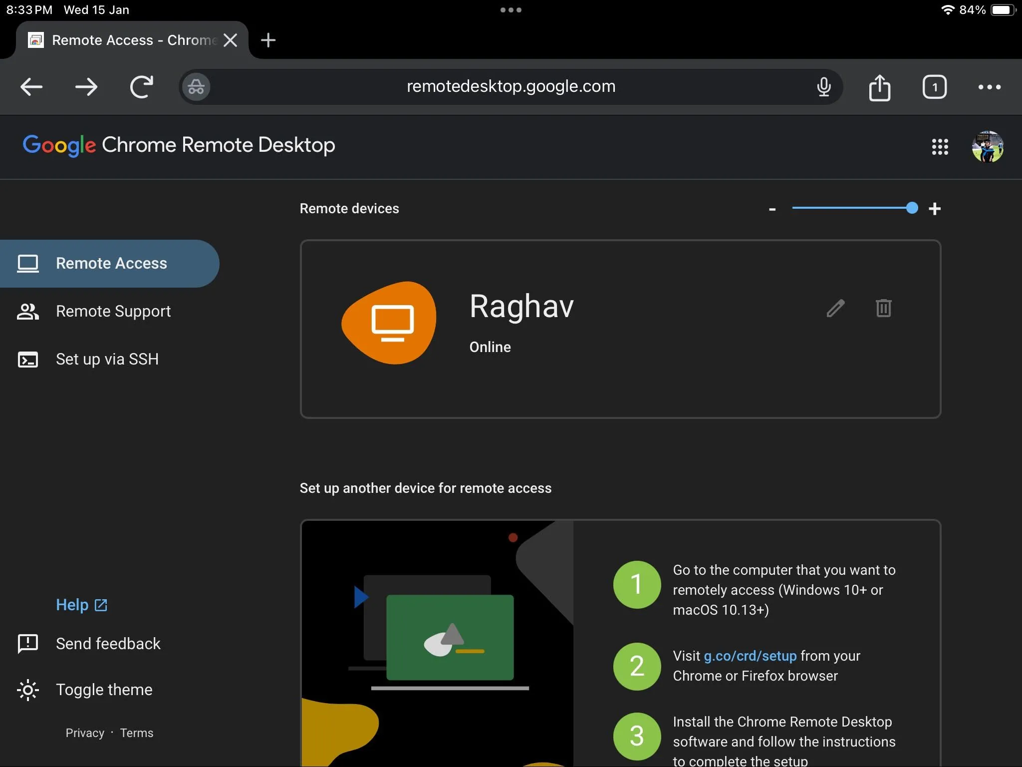Giao diện Chrome Remote Desktop trên iPad hiển thị danh sách máy tính để truy cập