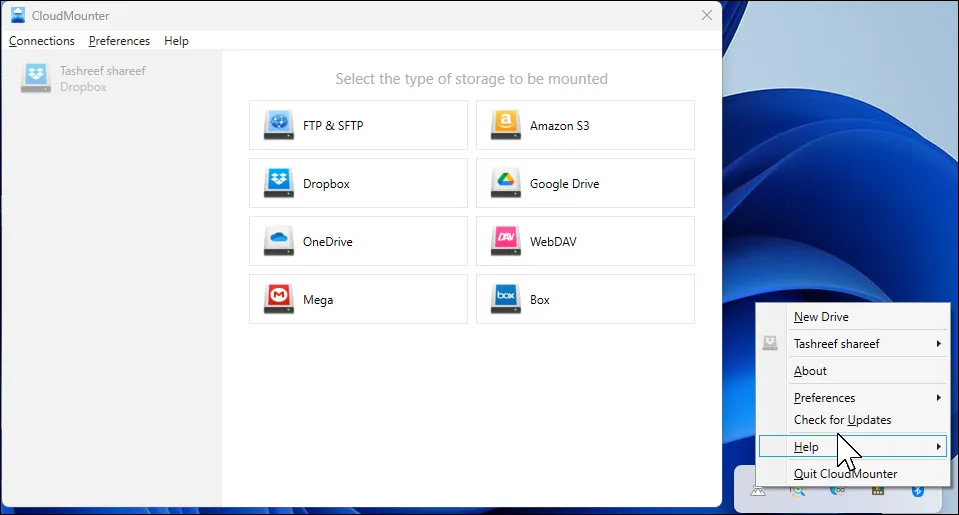 Giao diện CloudMounter trên Windows 11 giúp gắn ổ đĩa đám mây Google Drive, Dropbox, OneDrive.