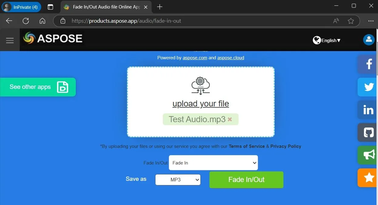 Giao diện công cụ Aspose Audio cho phép tạo hiệu ứng fade in và fade out trên trình duyệt web.