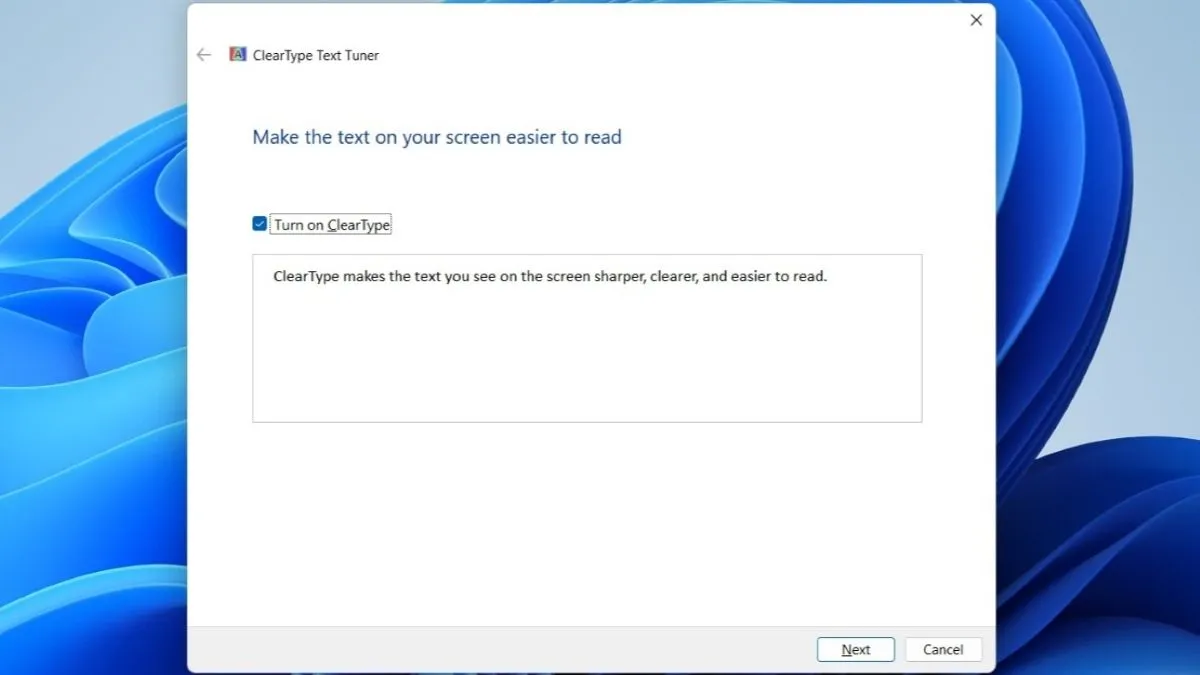 Giao diện công cụ ClearType Text Tuner để điều chỉnh độ sắc nét của chữ trên Windows