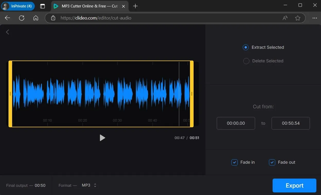 Giao diện công cụ Clideo Audio Cutter với các tùy chọn cắt và tạo hiệu ứng fade cho file âm thanh.