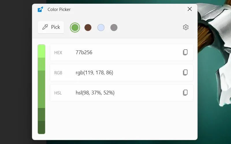Giao diện công cụ Color Picker của PowerToys trên Windows hiển thị bảng chọn màu và lịch sử.
