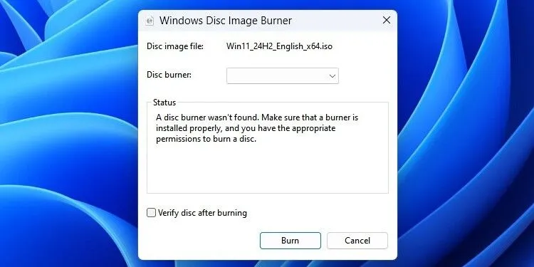 Giao diện công cụ ghi đĩa ISO tích hợp sẵn của Windows