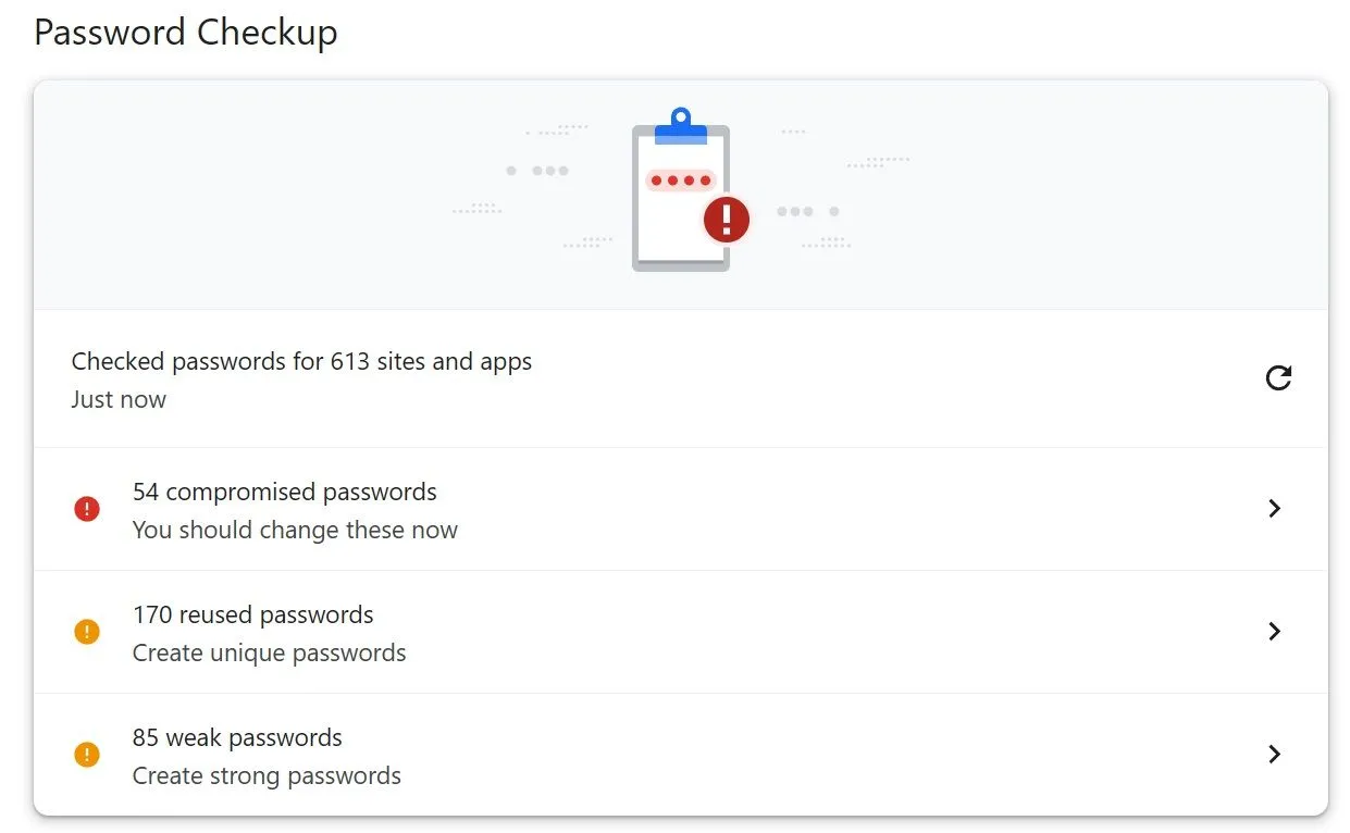 Giao diện công cụ kiểm tra mật khẩu tích hợp trong Google Password Manager trên trình duyệt Chrome.