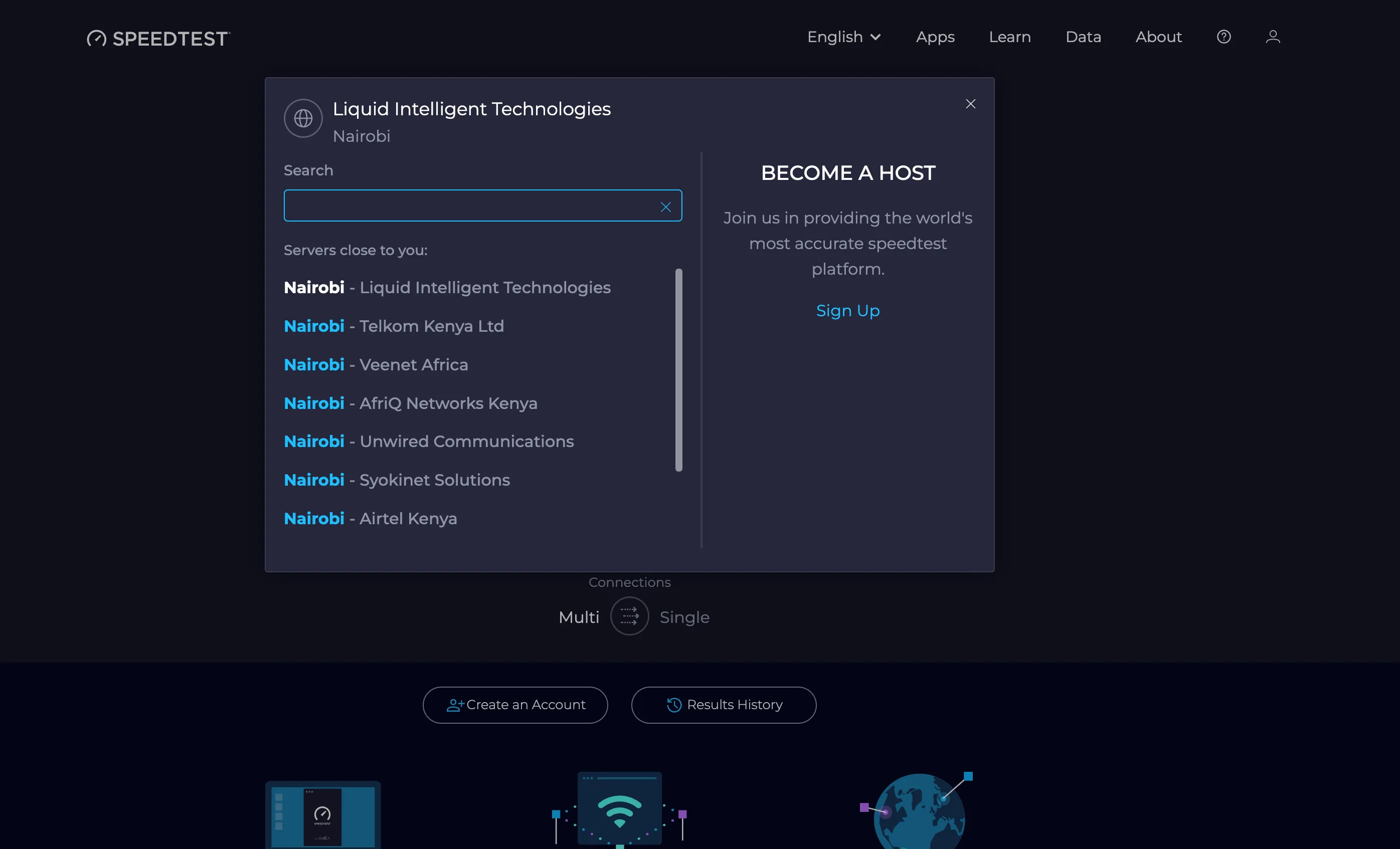 Giao diện công cụ Ookla Speedtest hiển thị tùy chọn cho phép người dùng tự lựa chọn máy chủ kiểm tra, giúp đảm bảo kết quả đo tốc độ mạng chính xác hơn.
