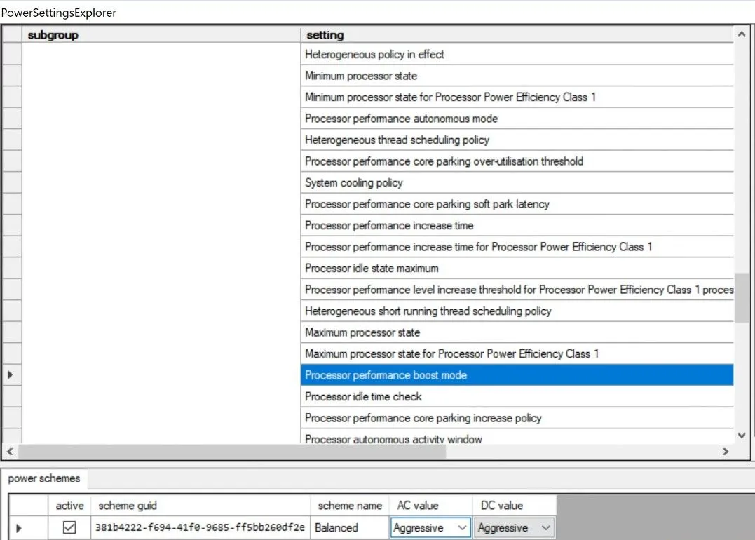 Giao diện công cụ Power Settings Explorer hiển thị cài đặt chế độ tăng cường bộ xử lý.