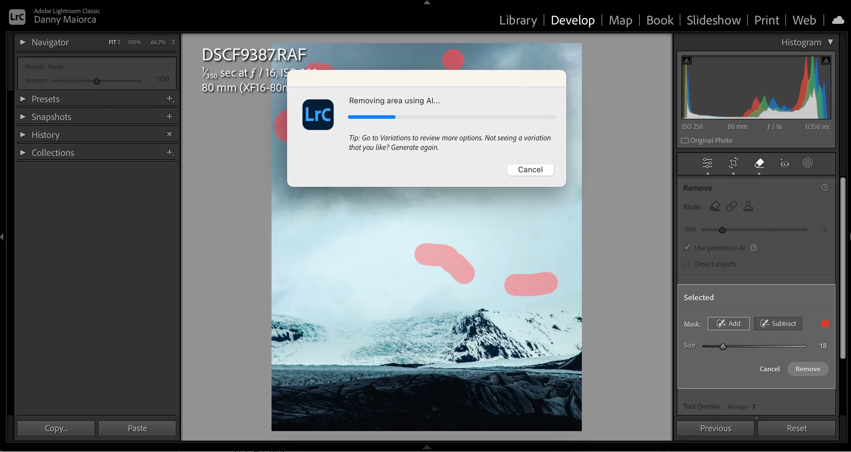 Giao diện công cụ Xóa Điểm Ảnh AI tạo sinh trong Adobe Lightroom để chỉnh sửa ảnh nhanh chóng