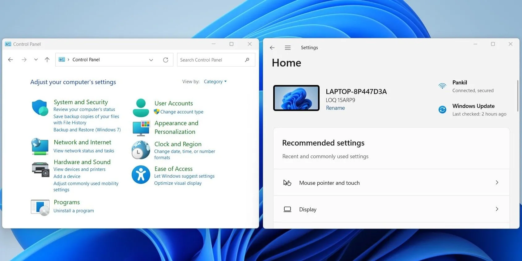 Giao diện Control Panel và ứng dụng Settings của Windows 11 đặt cạnh nhau