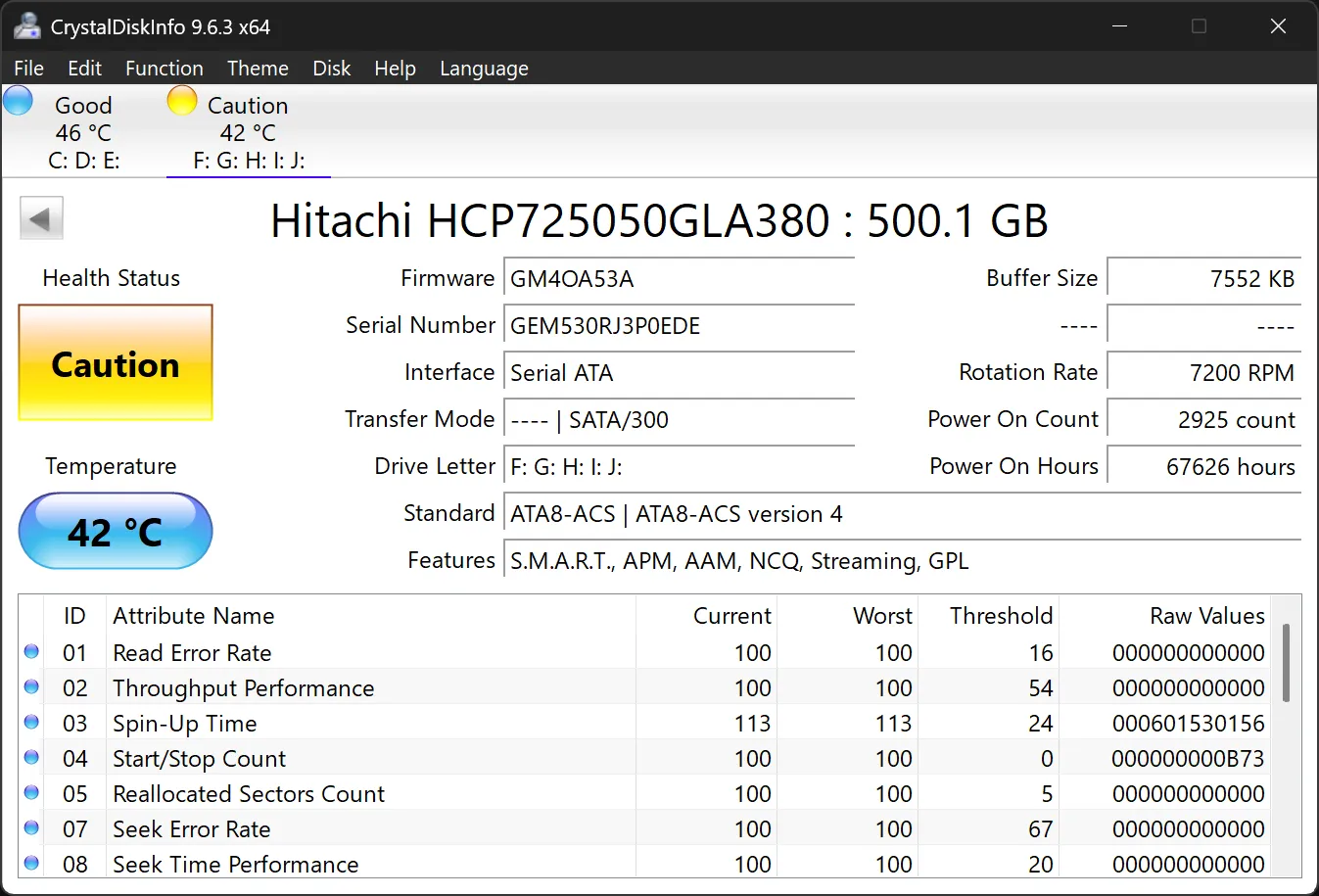 Giao diện CrystalDiskInfo cảnh báo tình trạng sức khỏe ổ cứng HDD