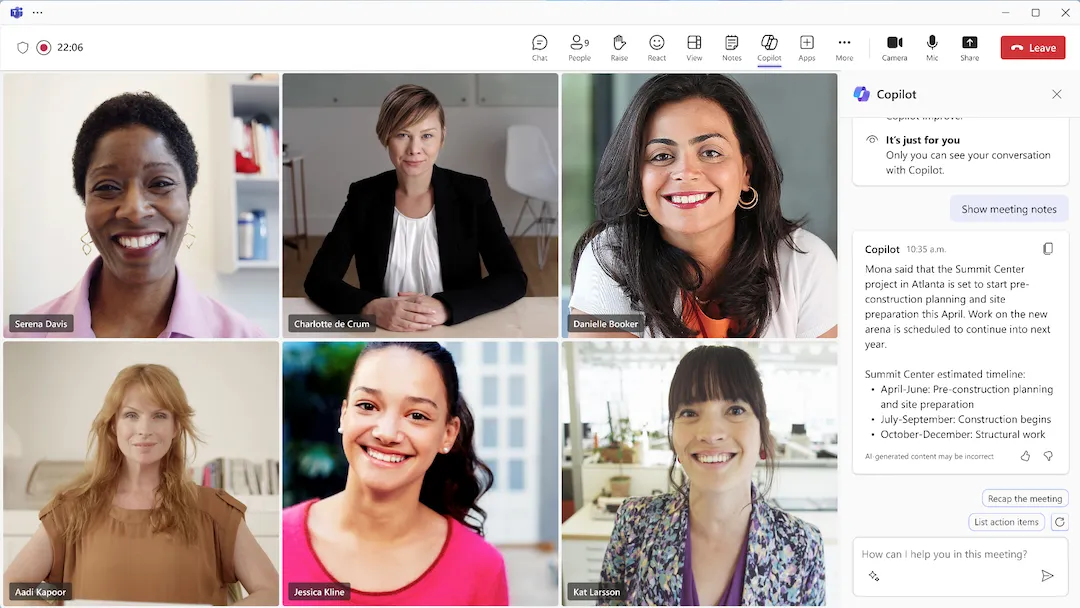 Giao diện cuộc họp Microsoft Teams với thanh Copilot AI bên phải, minh họa tính năng hỗ trợ.