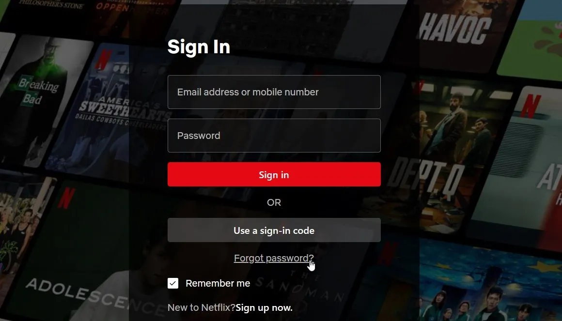 Giao diện đăng nhập Netflix với tùy chọn quên mật khẩu giúp khôi phục tài khoản