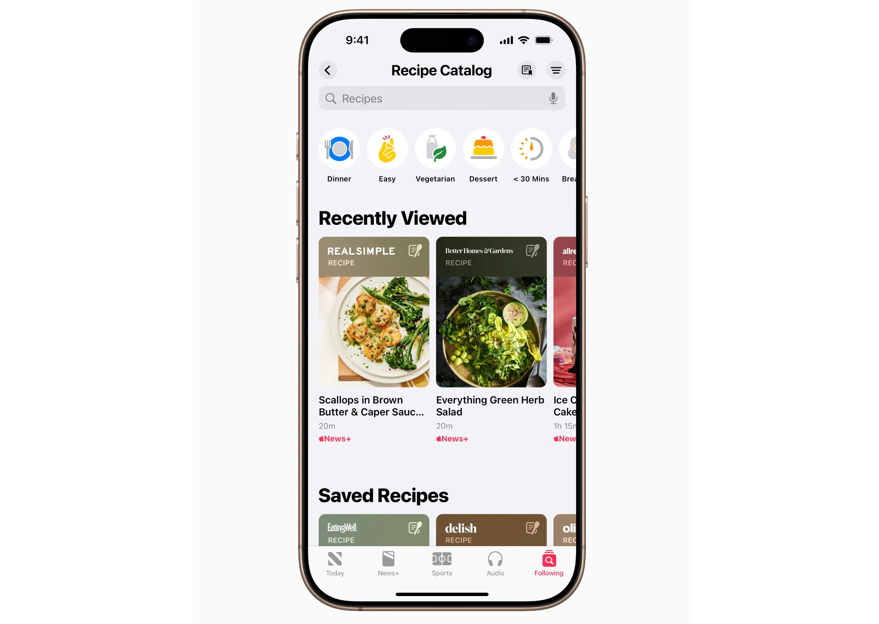 Giao diện Danh mục Công thức nấu ăn của Apple News+ Food, thể hiện khả năng tìm kiếm và lọc công thức đa dạng.