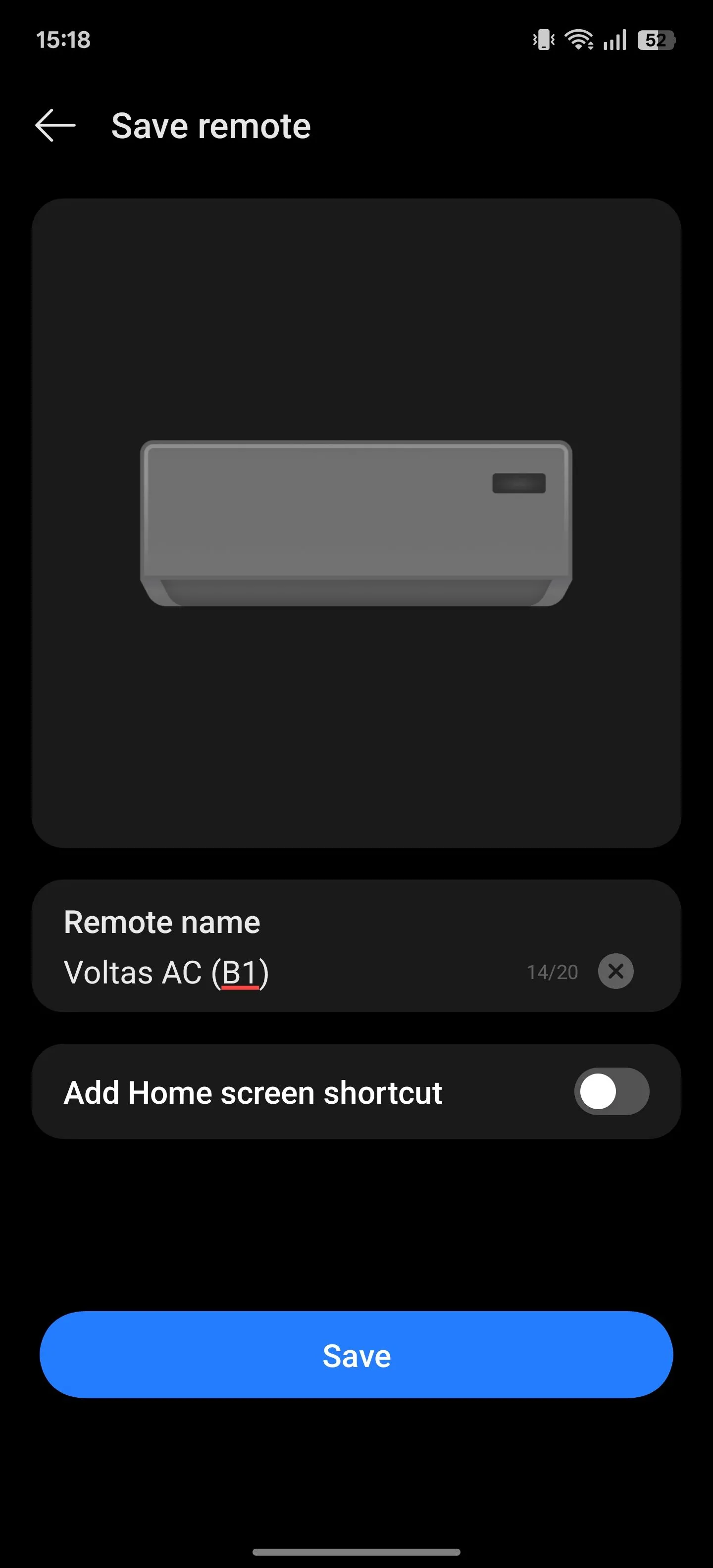 Giao diện đặt tên cho bộ điều khiển từ xa trên ứng dụng IR Remote, giúp người dùng dễ dàng nhận diện và quản lý